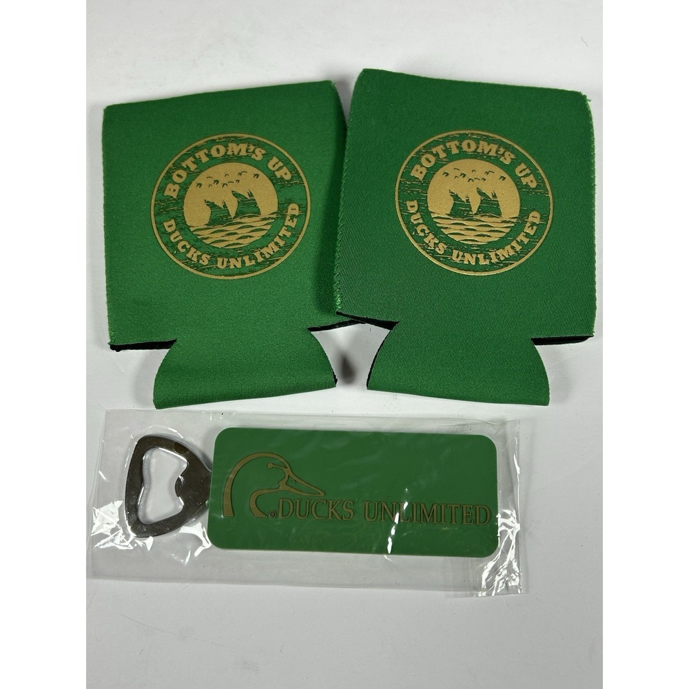 2 pk Ducks Unlimited Bottoms Up Green/Gold Can Koozies + Bottle Opener - NEW